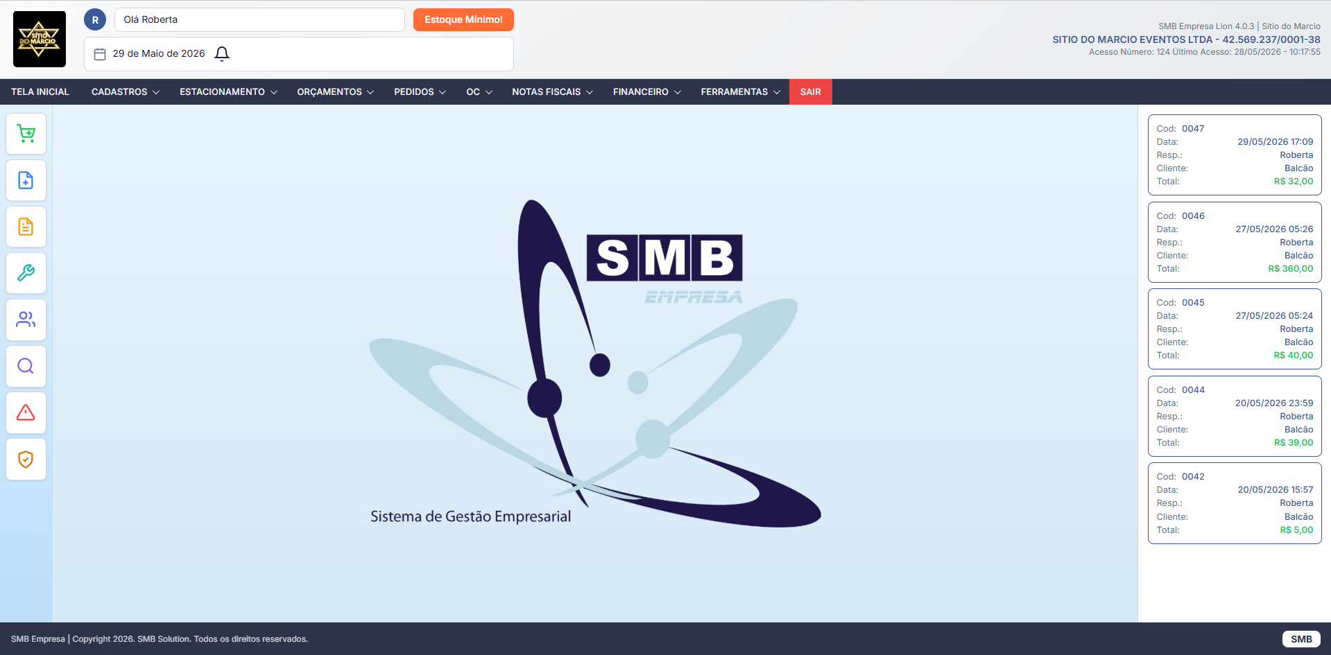 Tela inicial desktop do SMB Empresa